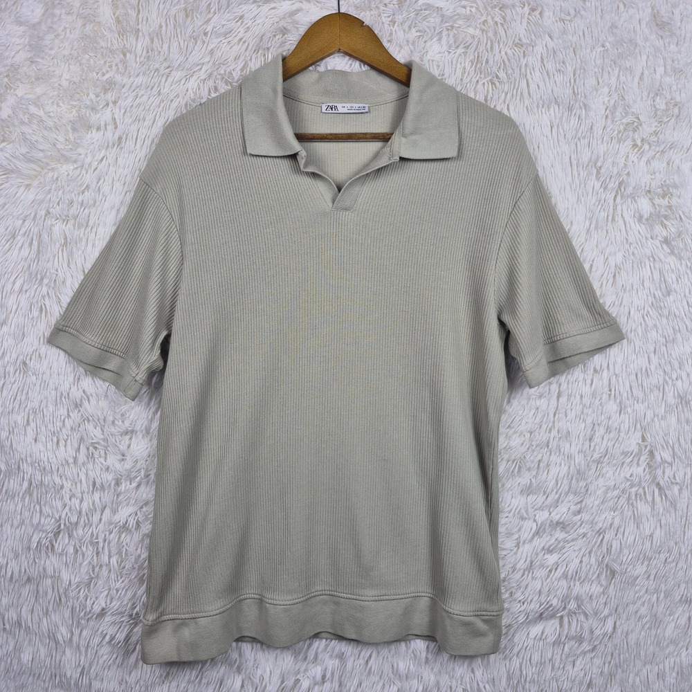 Zara Mens Ribbed Johnny Collar Polo Shirt Sage Green Short Sleeve Size Large